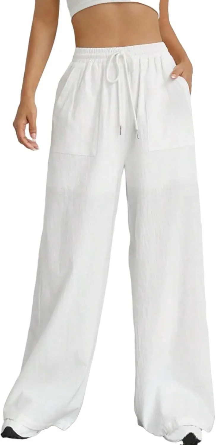 Cotton Linen Trousers for Women Drawstring High Waisted Lightweight Loose Wide Leg Palazzo Pants Casual Holiday Pants