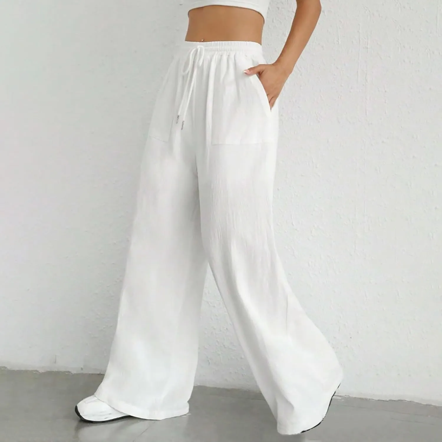Cotton Linen Trousers for Women Drawstring High Waisted Lightweight Loose Wide Leg Palazzo Pants Casual Holiday Pants