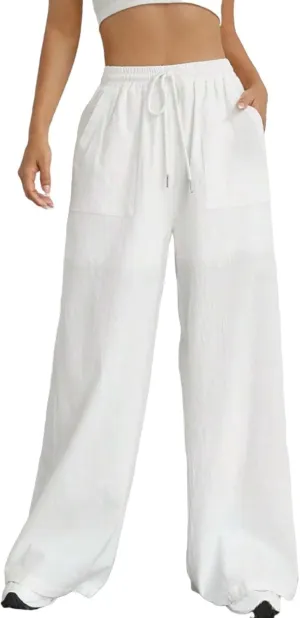 Cotton Linen Trousers for Women Drawstring High Waisted Lightweight Loose Wide Leg Palazzo Pants Casual Holiday Pants
