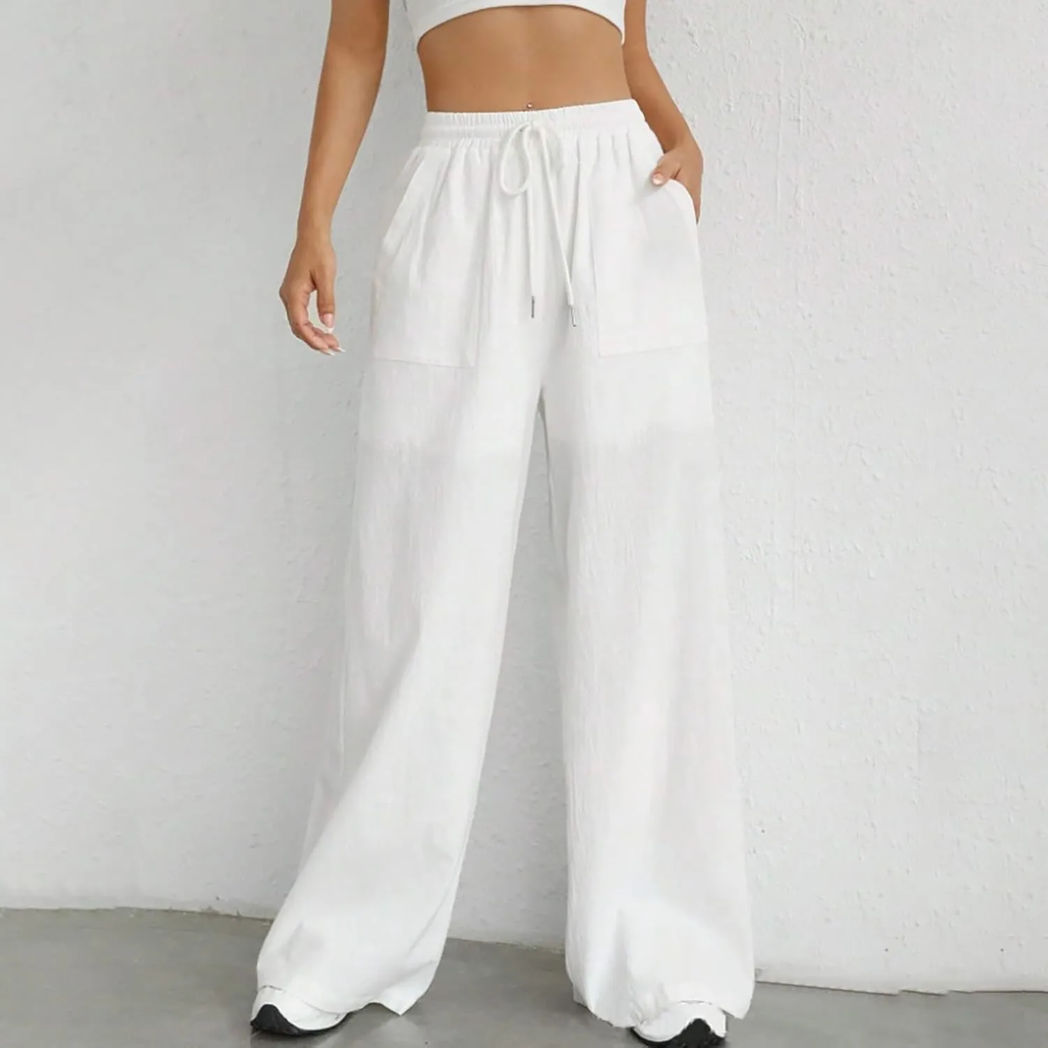 Cotton Linen Trousers for Women Drawstring High Waisted Lightweight Loose Wide Leg Palazzo Pants Casual Holiday Pants