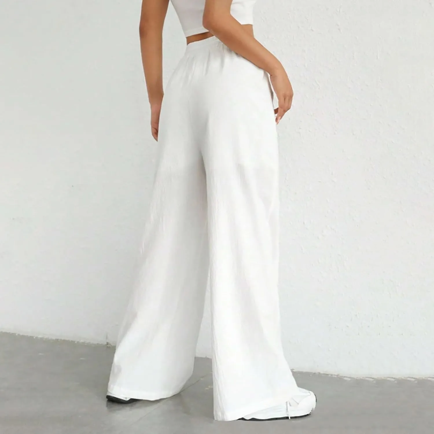 Cotton Linen Trousers for Women Drawstring High Waisted Lightweight Loose Wide Leg Palazzo Pants Casual Holiday Pants