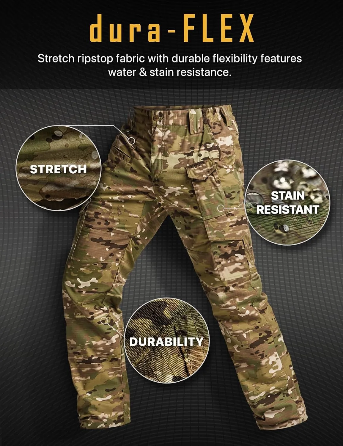 CQR Men's Flex Ripstop Tactical Pants, Water Resistant Stretch Cargo Pants, Lightweight EDC Hiking Work Pants