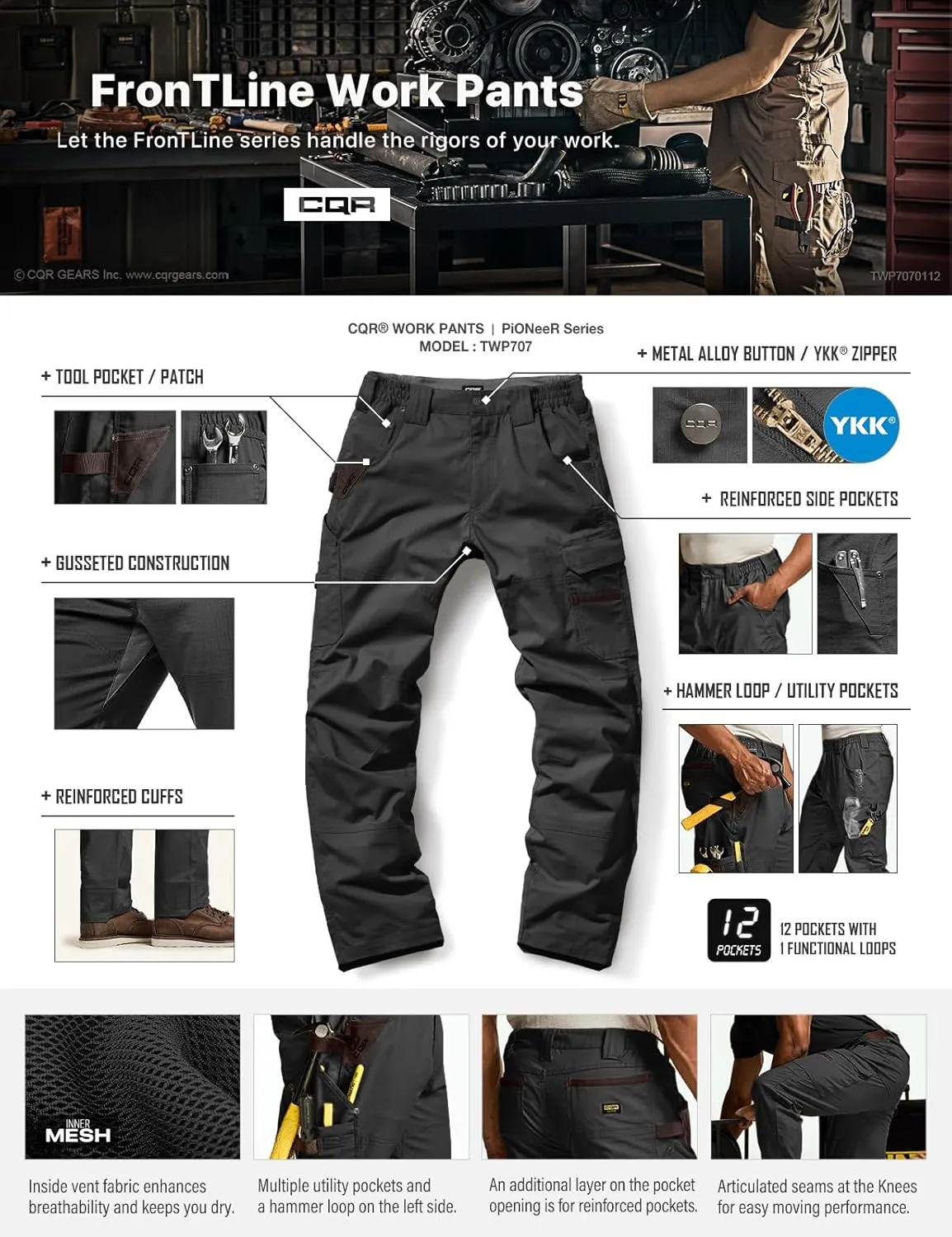 CQR Men's Flex Ripstop Work Pants, Water Resistant Tactical Pants, Outdoor Utility Operator EDC Cargo Pants