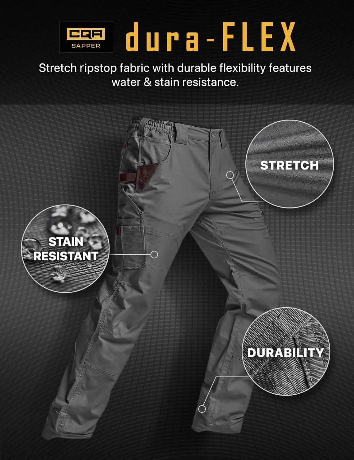 CQR Men's Flex Ripstop Work Pants, Water Resistant Tactical Pants, Outdoor Utility Operator EDC Cargo Pants