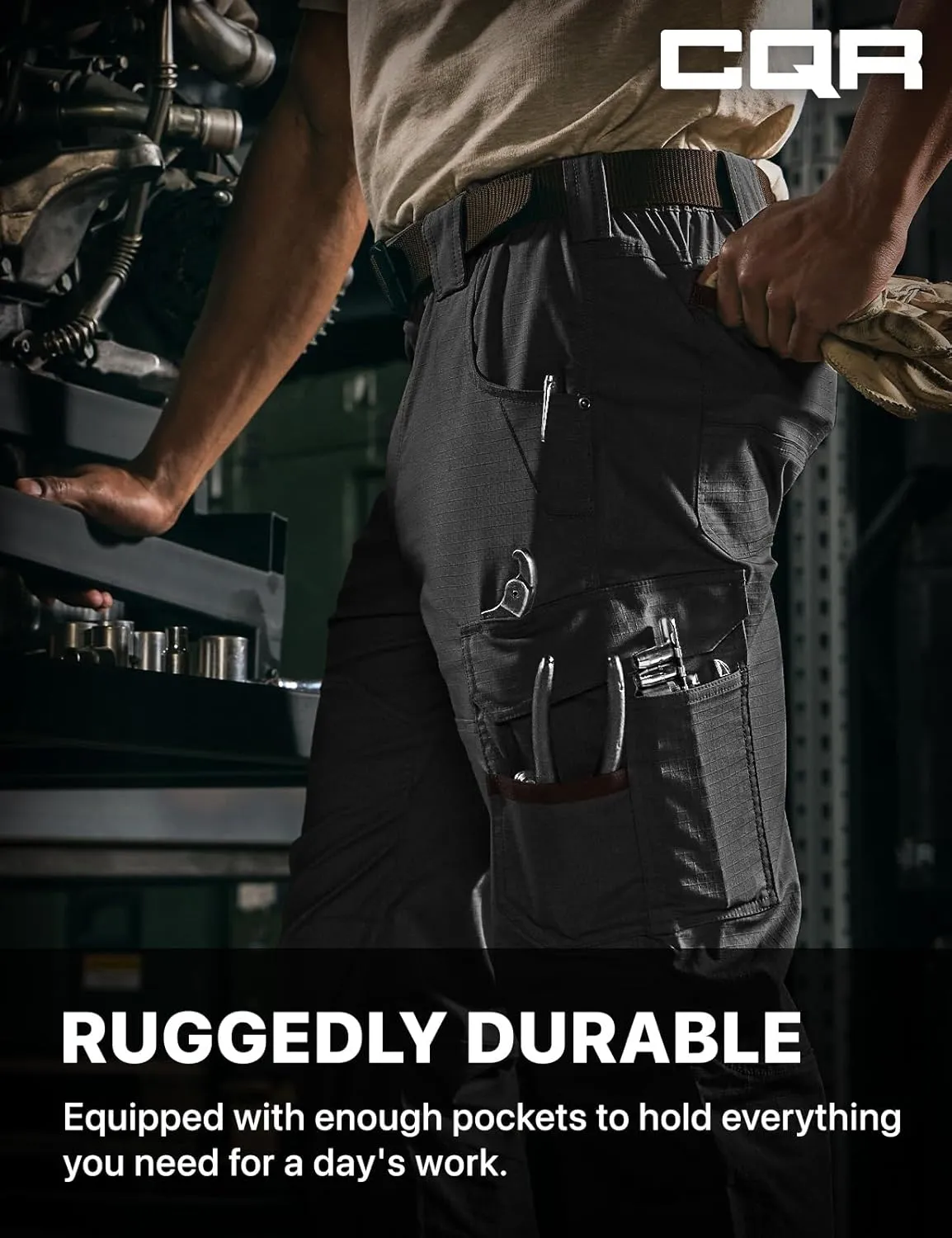 CQR Men's Flex Ripstop Work Pants, Water Resistant Tactical Pants, Outdoor Utility Operator EDC Cargo Pants