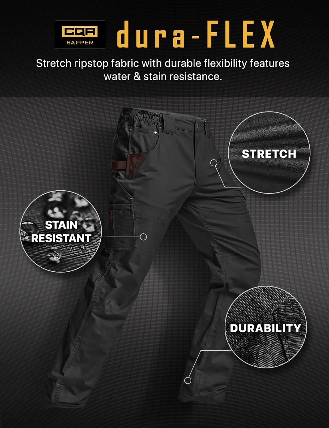 CQR Men's Flex Ripstop Work Pants, Water Resistant Tactical Pants, Outdoor Utility Operator EDC Cargo Pants