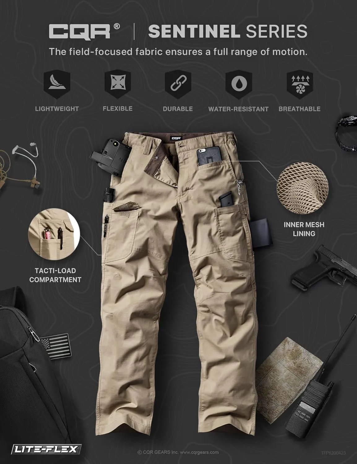 CQR Men's Utility Flex Cargo Pants, Classic-Fit Casual Stretch Work Pants, Water Resistant Lightweight Tactical Hiking Pants