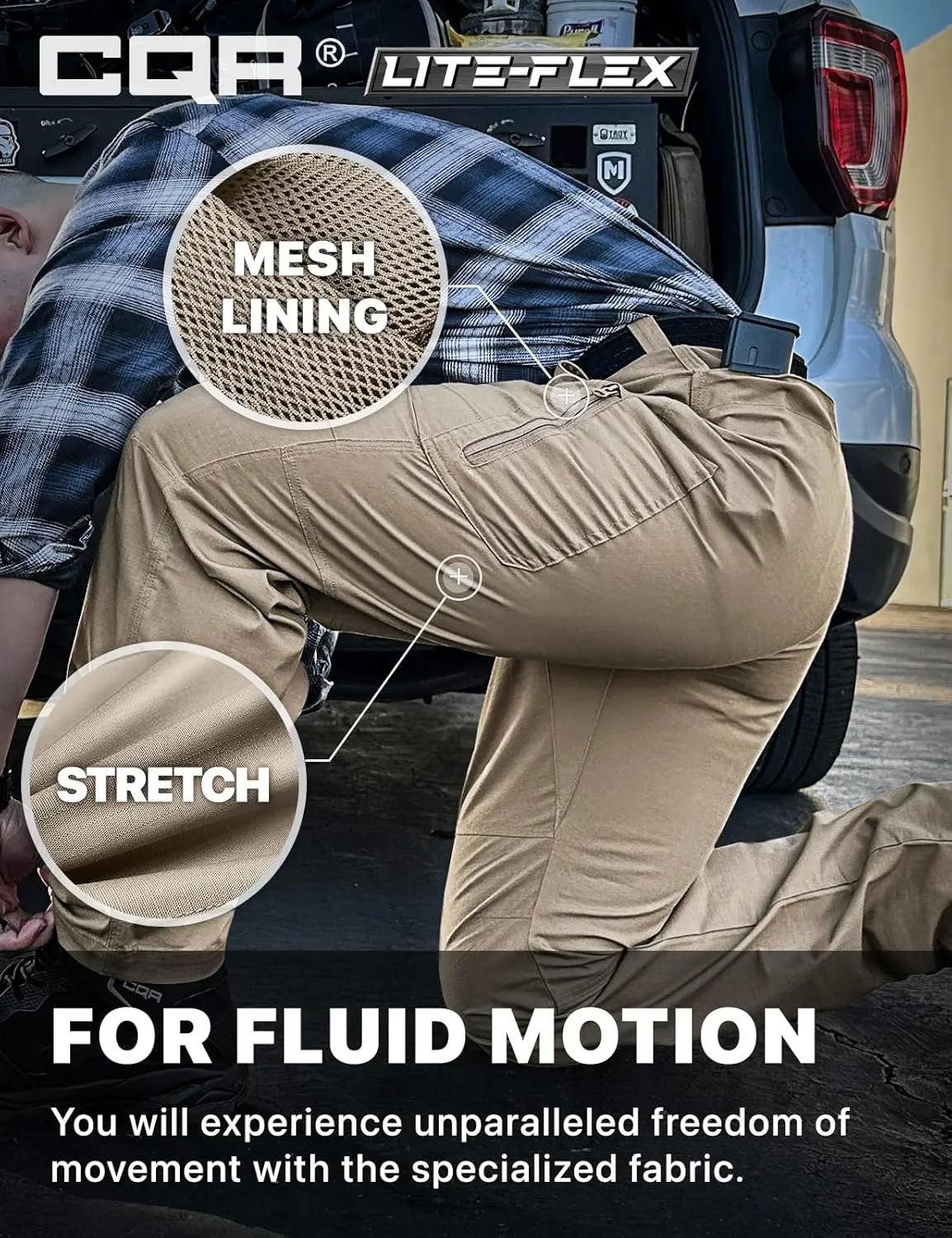 CQR Men's Utility Flex Cargo Pants, Classic-Fit Casual Stretch Work Pants, Water Resistant Lightweight Tactical Hiking Pants