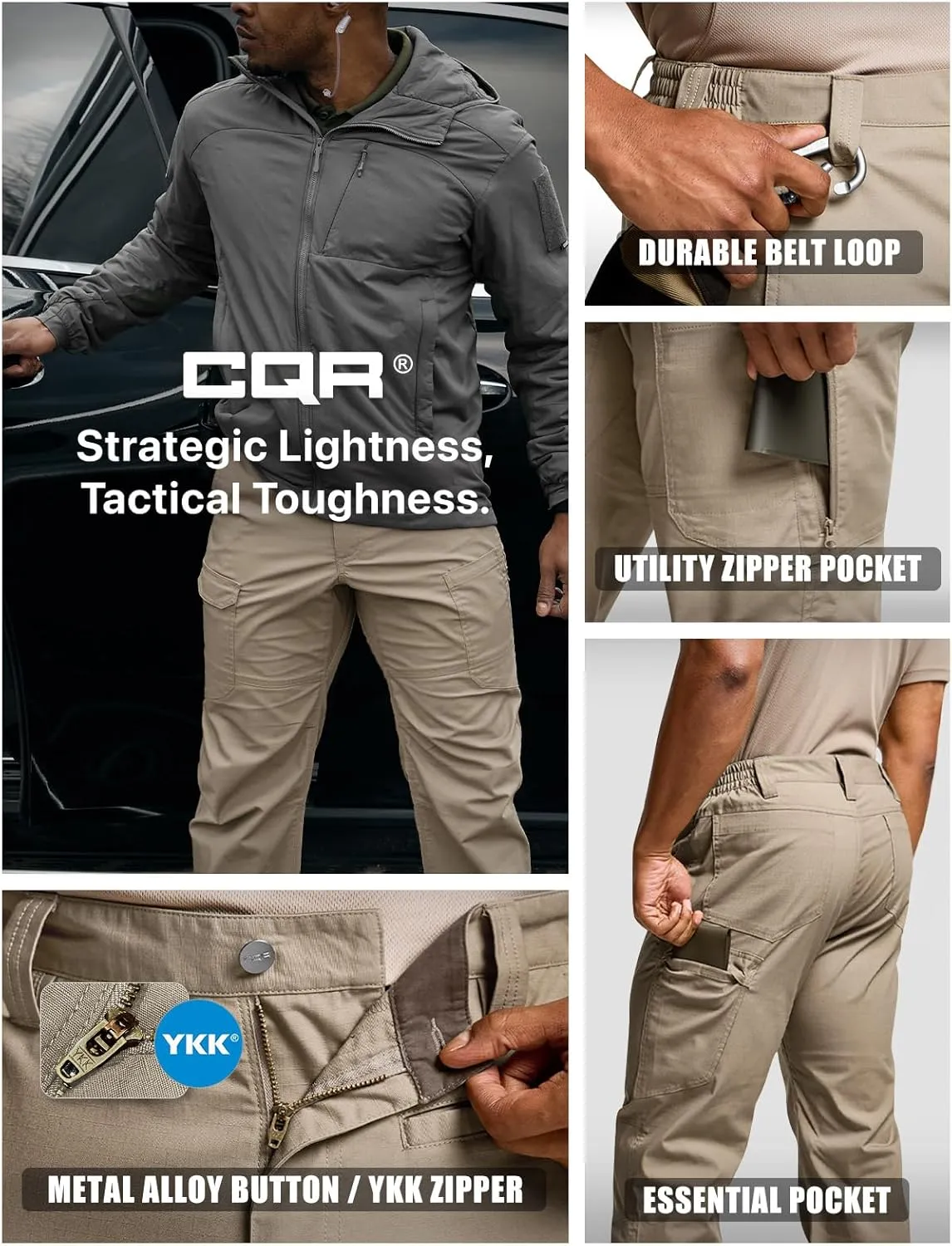 CQR Men's Utility Flex Cargo Pants, Classic-Fit Casual Stretch Work Pants, Water Resistant Lightweight Tactical Hiking Pants