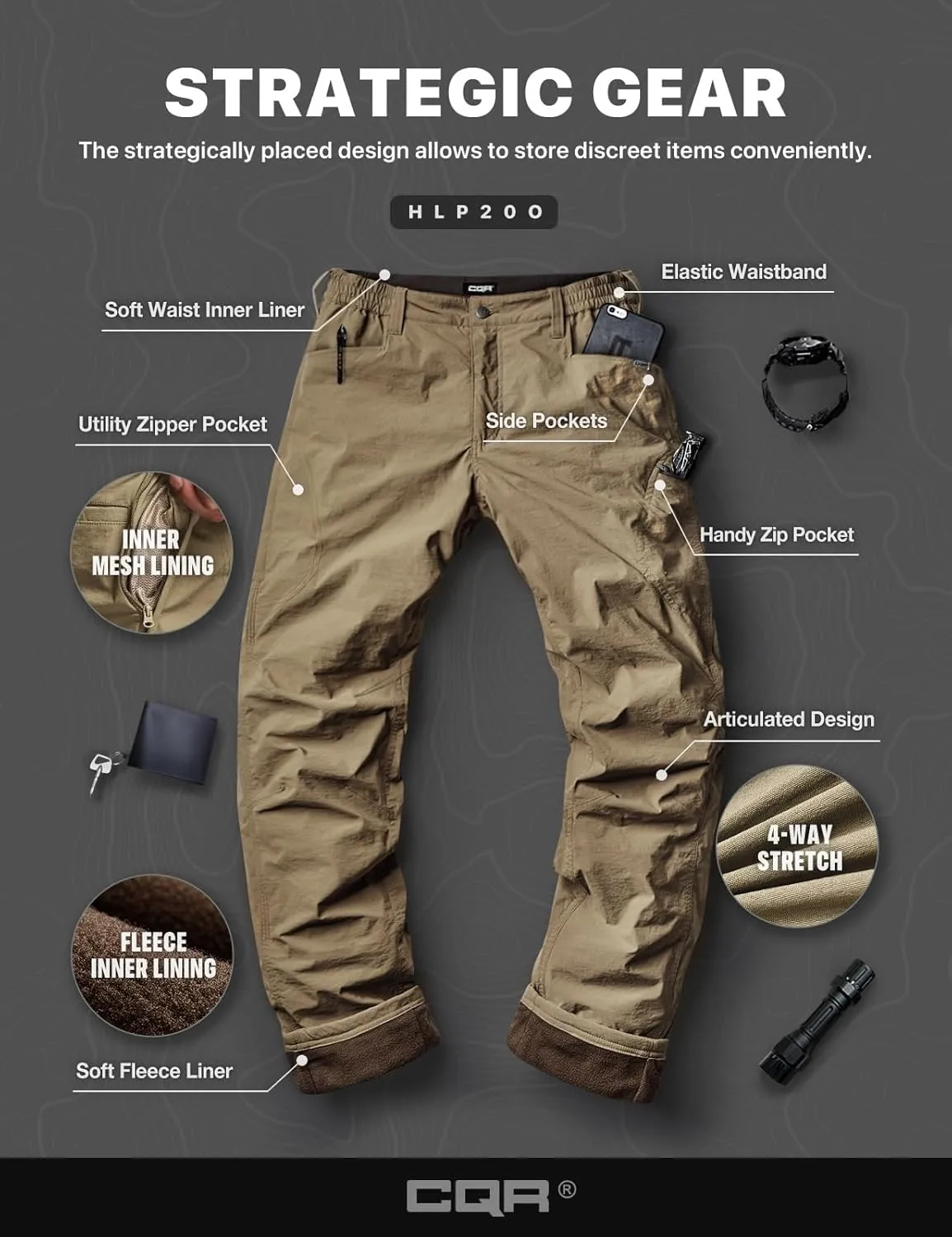 CQR Men's Winter Fleece Lined Pants, Water-Resistant Outdoor Stretch Work Pants, Windproof Casual Pants with Pockets