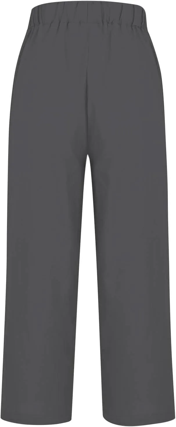 Cropped Linen Pants Women Summer Elastic Waist Straight Leg Plus Size Crop Pants Casual Beach Trousers with Pockets