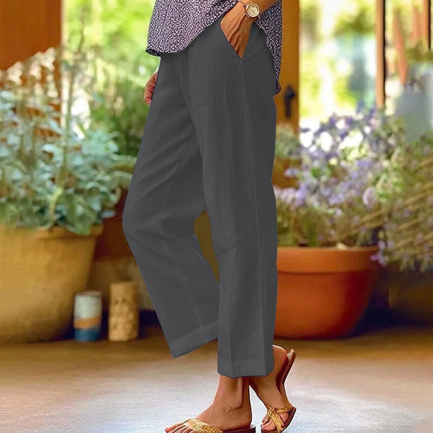 Cropped Linen Pants Women Summer Elastic Waist Straight Leg Plus Size Crop Pants Casual Beach Trousers with Pockets