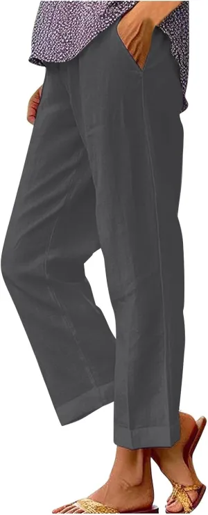Cropped Linen Pants Women Summer Elastic Waist Straight Leg Plus Size Crop Pants Casual Beach Trousers with Pockets