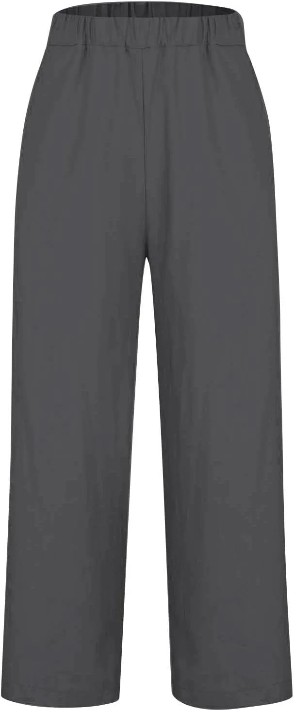 Cropped Linen Pants Women Summer Elastic Waist Straight Leg Plus Size Crop Pants Casual Beach Trousers with Pockets