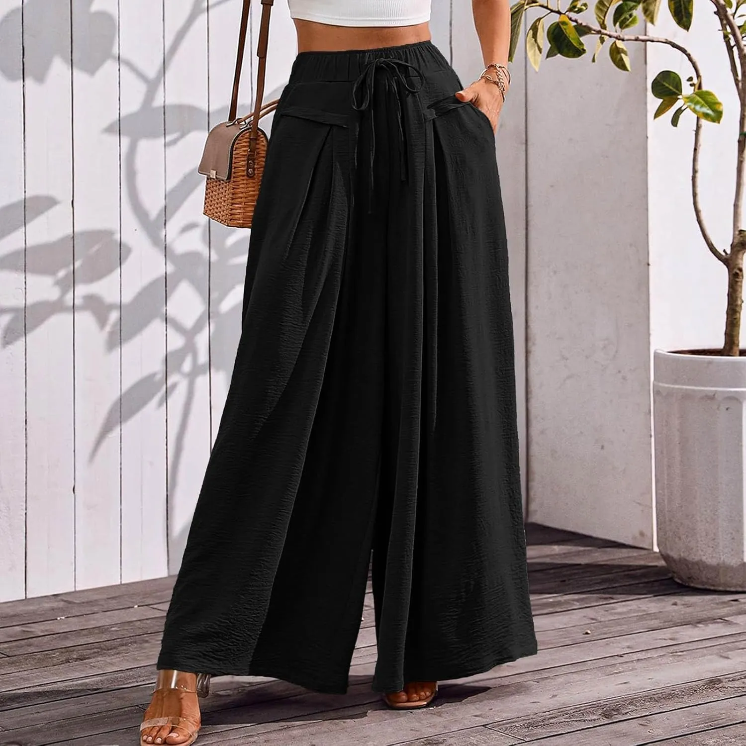 Culottes for Women Baggy Wide Leg Flowy Linen Pants with Pockets Casual Drawstring High Waisted Beach Palazzo Pants