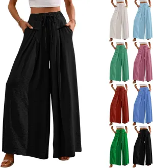 Culottes for Women Baggy Wide Leg Flowy Linen Pants with Pockets Casual Drawstring High Waisted Beach Palazzo Pants