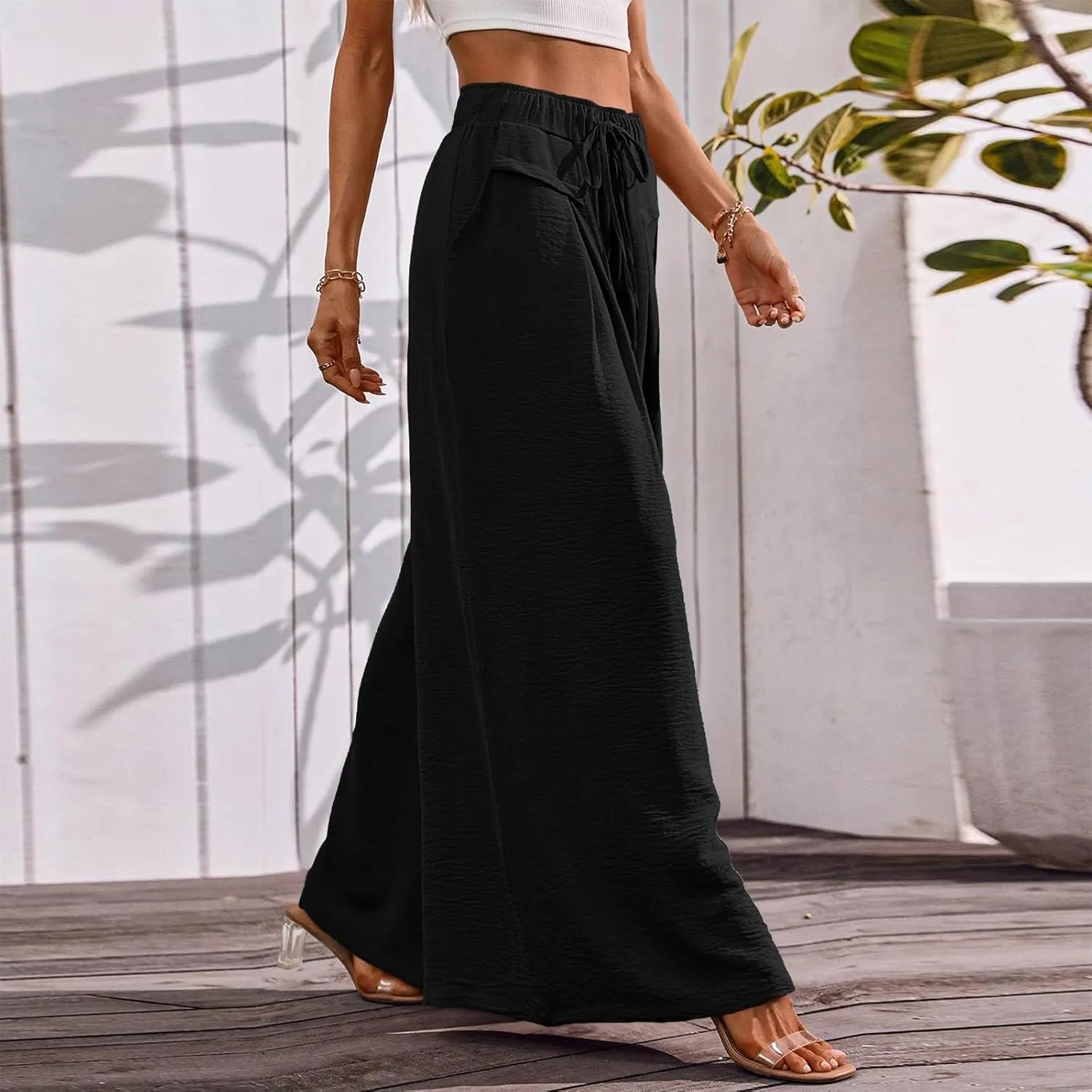 Culottes for Women Baggy Wide Leg Flowy Linen Pants with Pockets Casual Drawstring High Waisted Beach Palazzo Pants