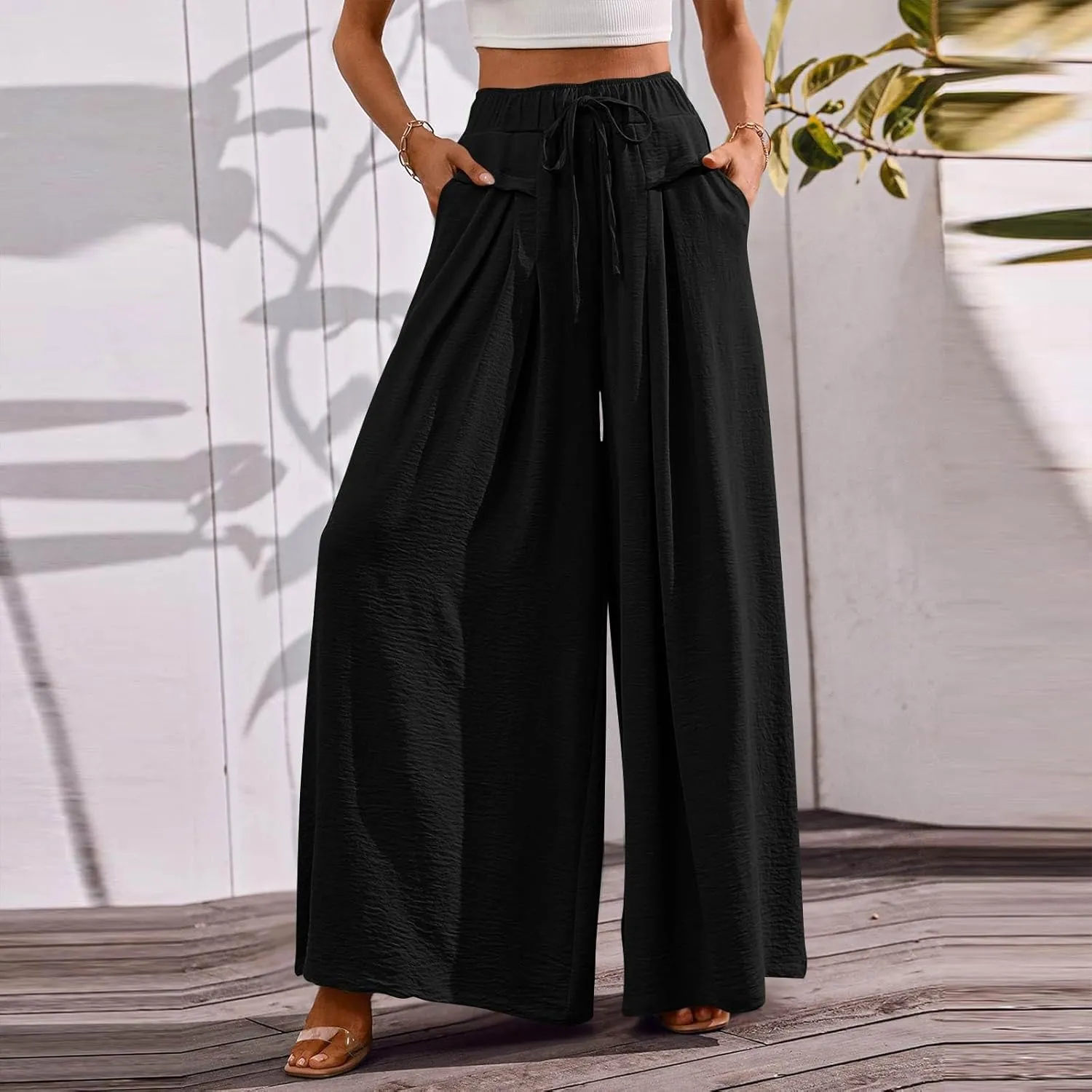 Culottes for Women Baggy Wide Leg Flowy Linen Pants with Pockets Casual Drawstring High Waisted Beach Palazzo Pants