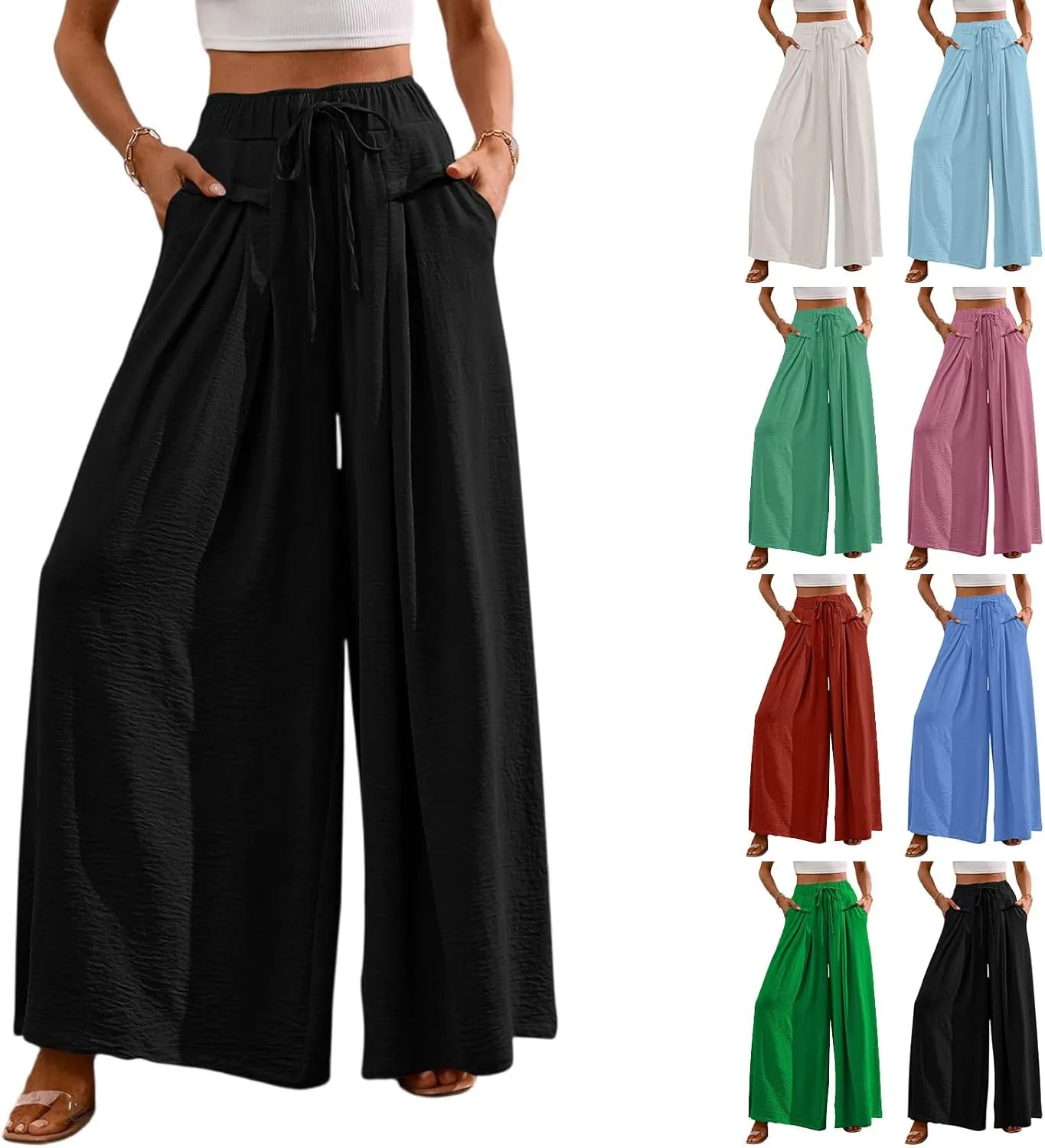 Culottes for Women Baggy Wide Leg Flowy Linen Pants with Pockets Casual Drawstring High Waisted Beach Palazzo Pants