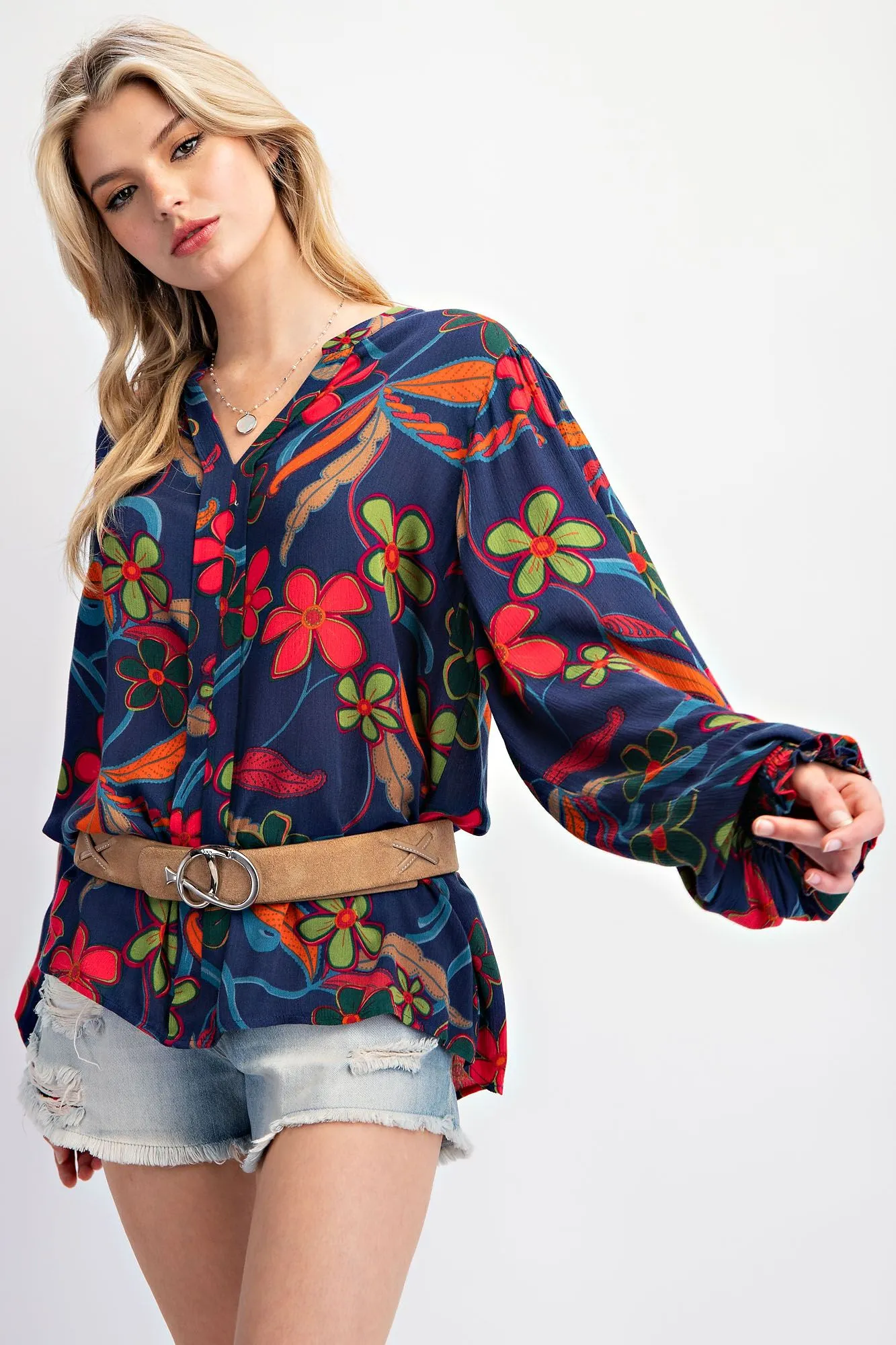 Easel Navy Peach Blossom Floral Gauze Top