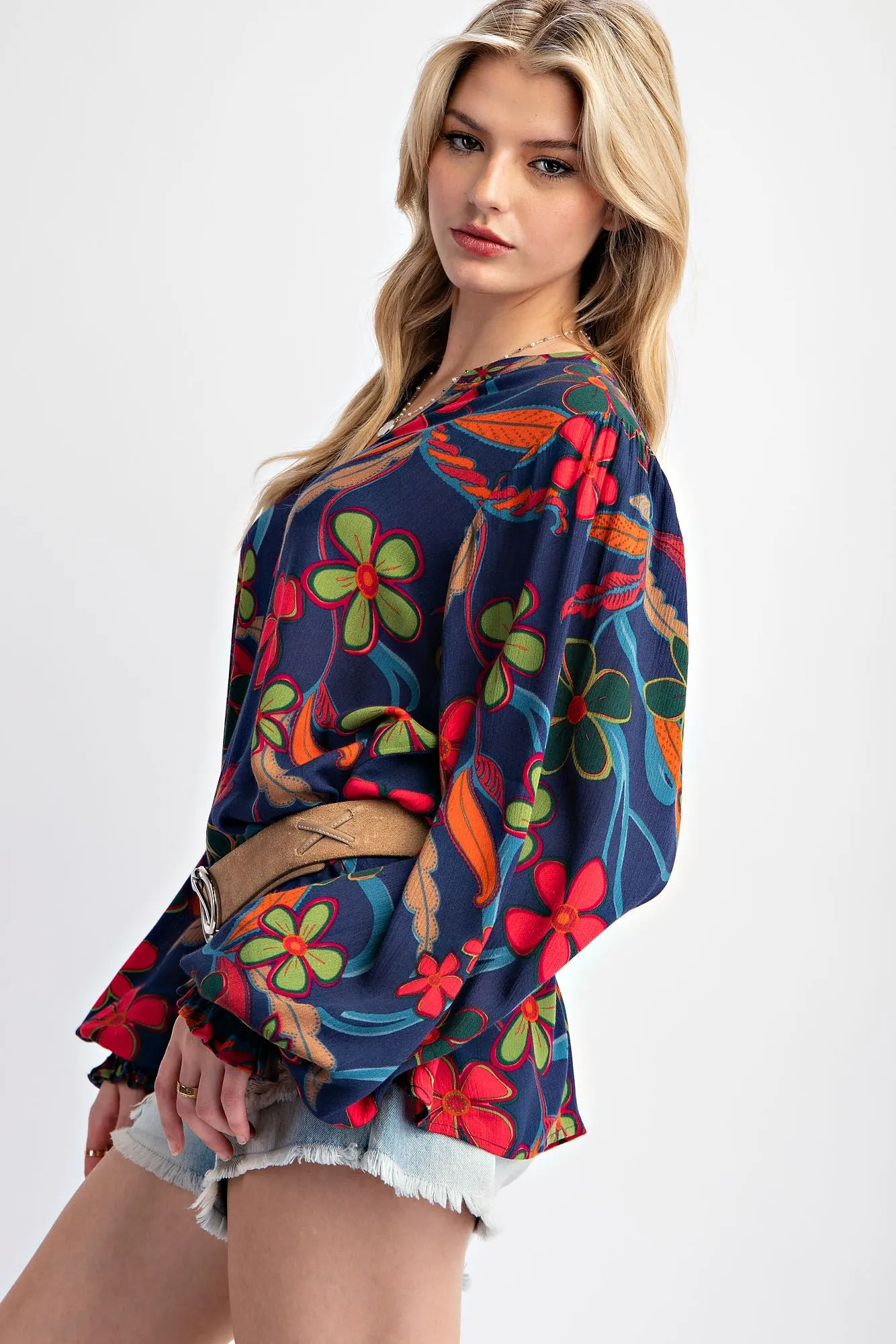 Easel Navy Peach Blossom Floral Gauze Top
