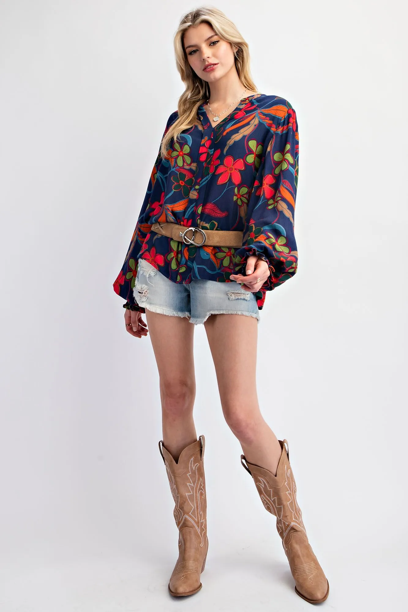 Easel Navy Peach Blossom Floral Gauze Top