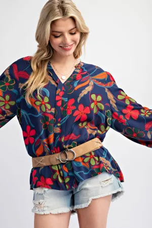 Easel Navy Peach Blossom Floral Gauze Top