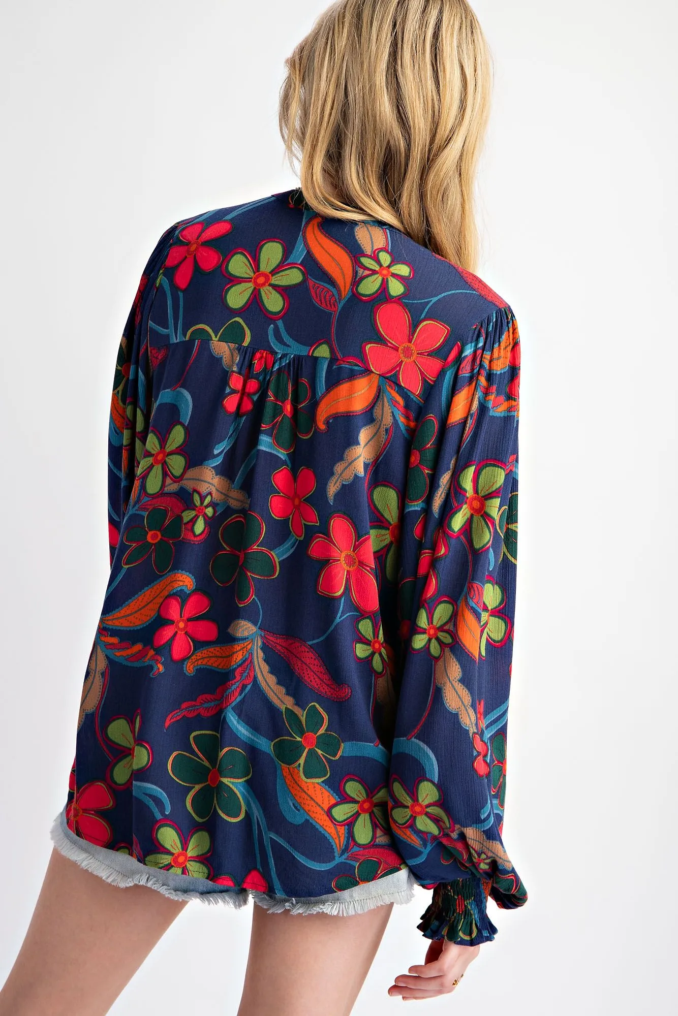Easel Navy Peach Blossom Floral Gauze Top