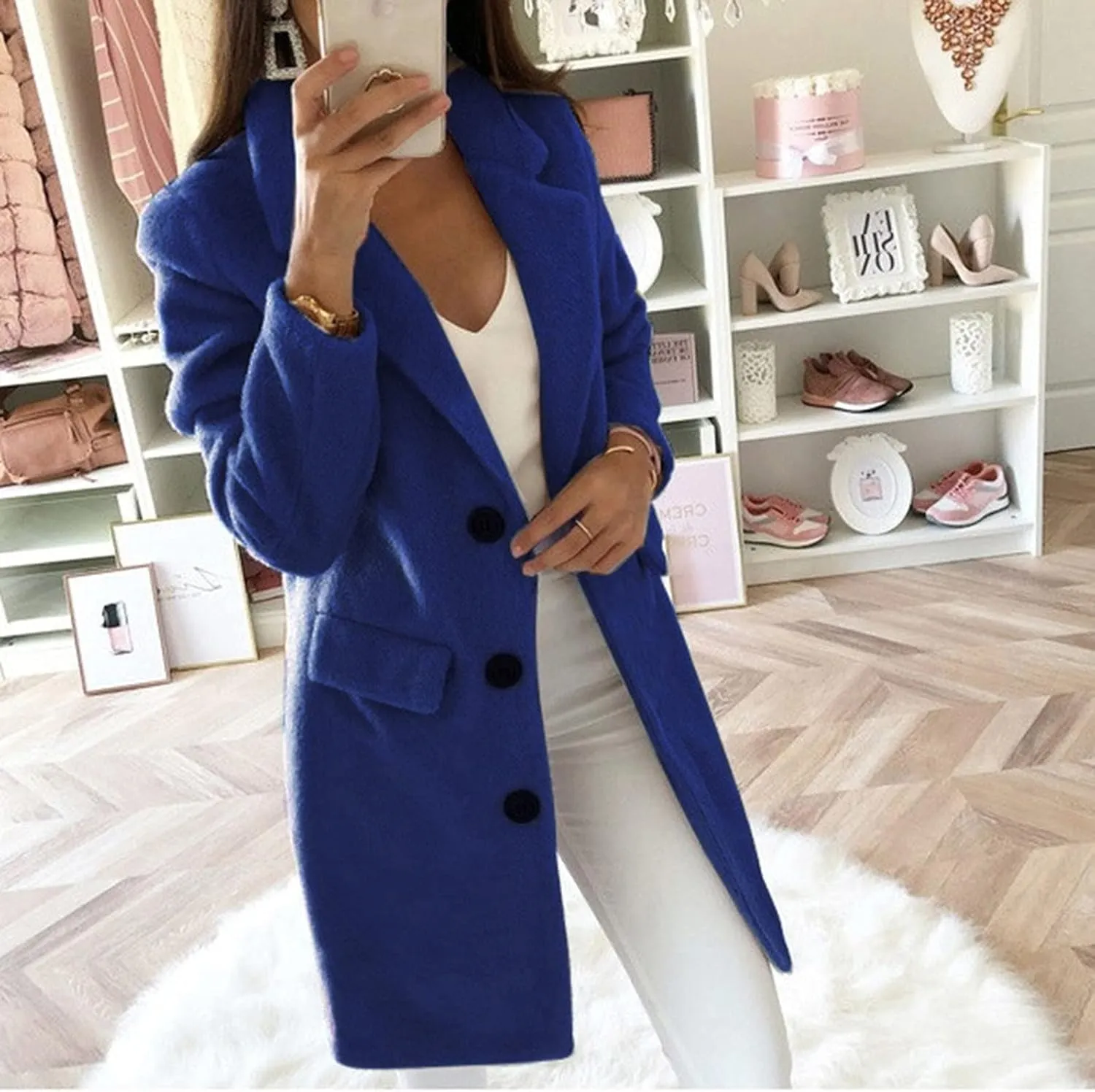 Fall Trench Coats for Women 2024 Casual Notch Lapel Single-Breasted Pea Coats Wool Blend Warm Winter Coats