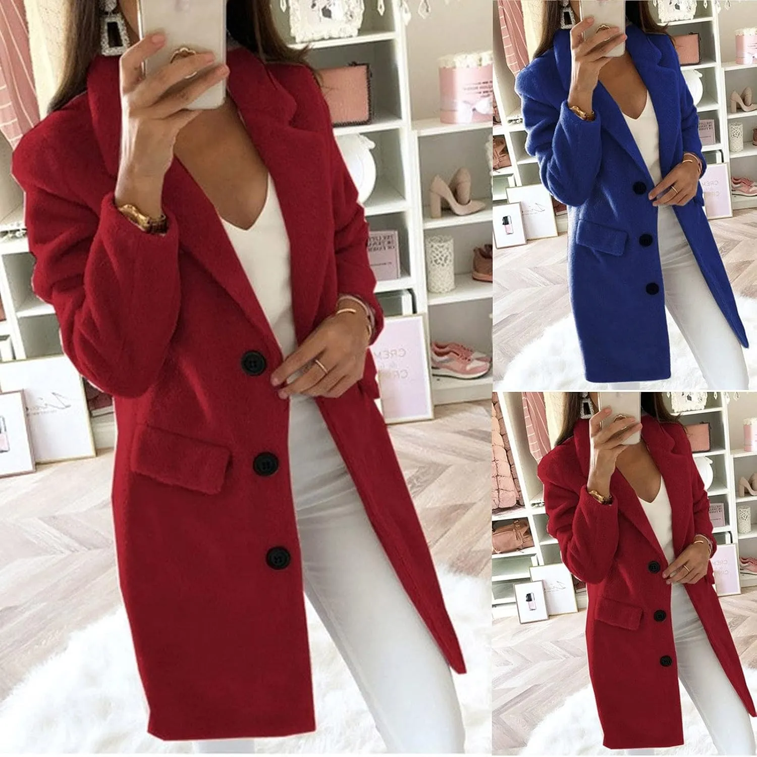 Fall Trench Coats for Women 2024 Casual Notch Lapel Single-Breasted Pea Coats Wool Blend Warm Winter Coats