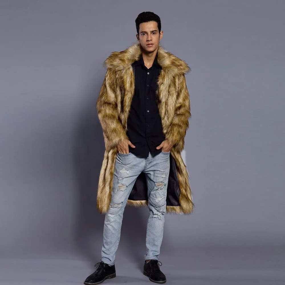 Faux Fur Coat Men Lapel Cardigan Outerwear Heavyweight Parka Overcoat Thicker Fluffy Warm Winter Long Trench Coat