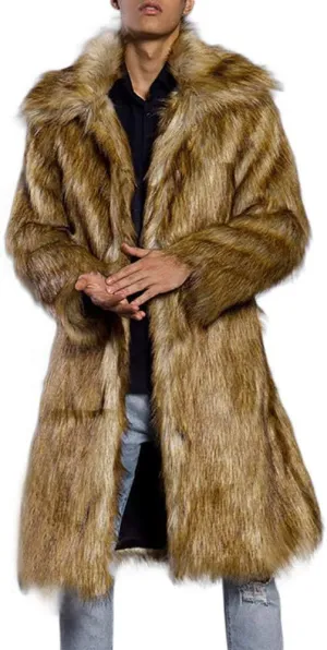 Faux Fur Coat Men Lapel Cardigan Outerwear Heavyweight Parka Overcoat Thicker Fluffy Warm Winter Long Trench Coat