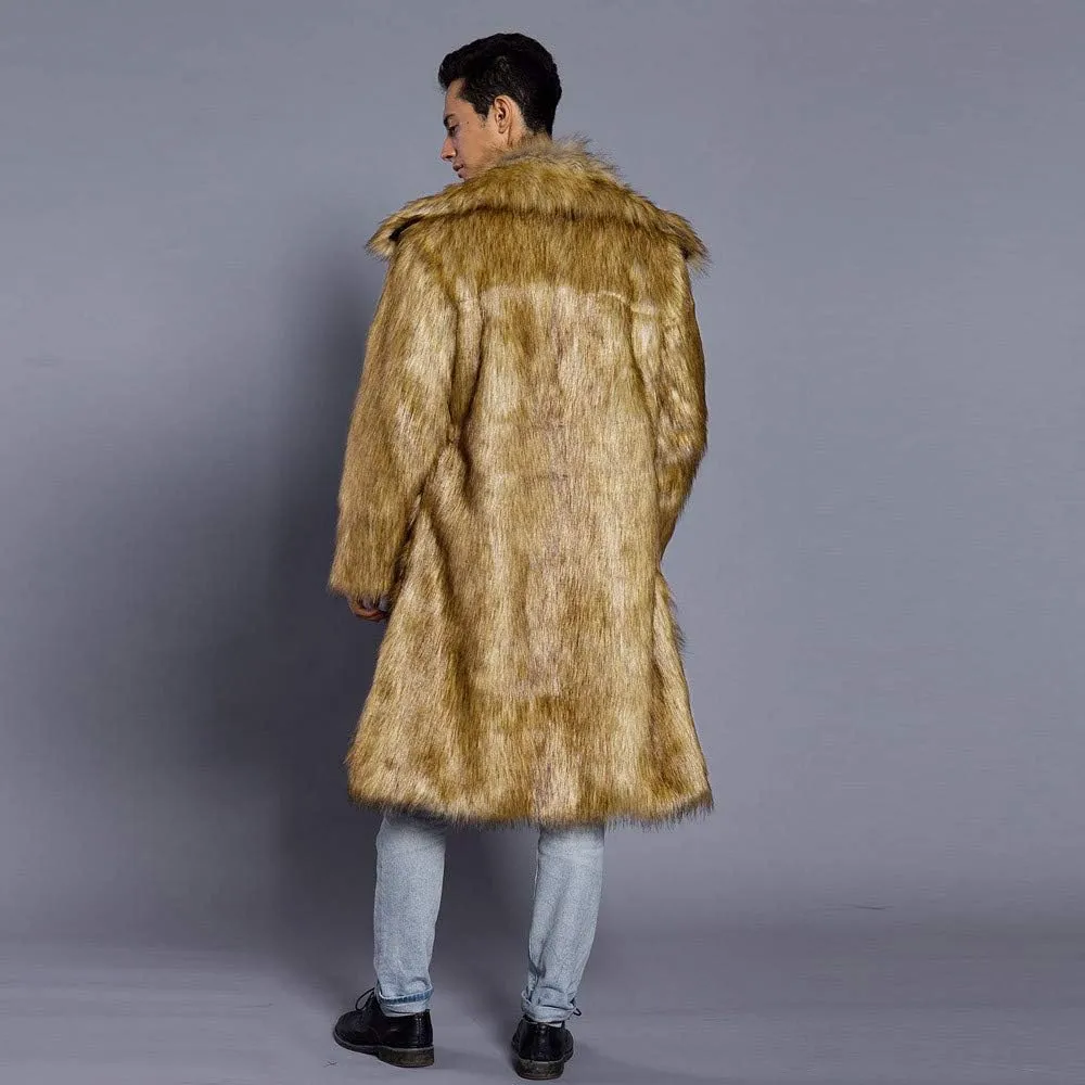 Faux Fur Coat Men Lapel Cardigan Outerwear Heavyweight Parka Overcoat Thicker Fluffy Warm Winter Long Trench Coat