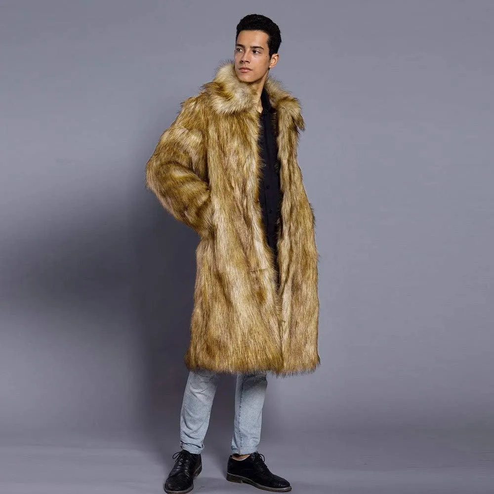Faux Fur Coat Men Lapel Cardigan Outerwear Heavyweight Parka Overcoat Thicker Fluffy Warm Winter Long Trench Coat