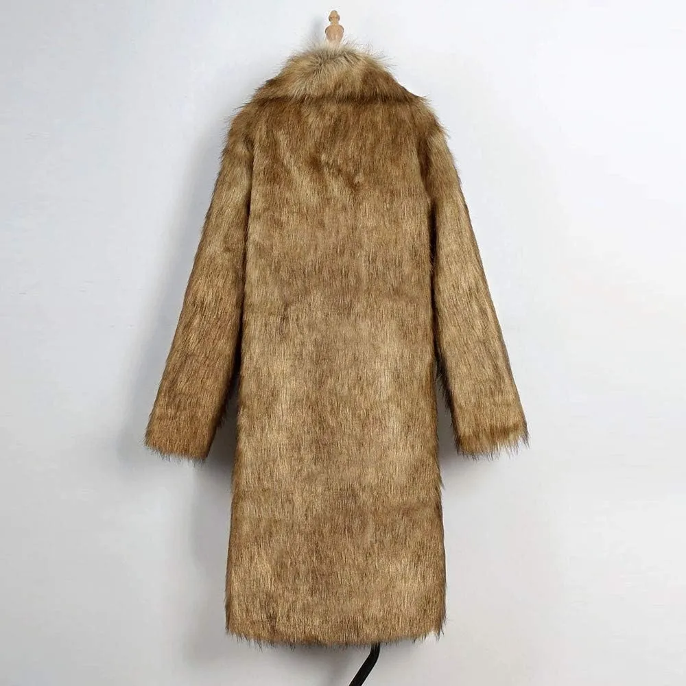 Faux Fur Coat Men Lapel Cardigan Outerwear Heavyweight Parka Overcoat Thicker Fluffy Warm Winter Long Trench Coat