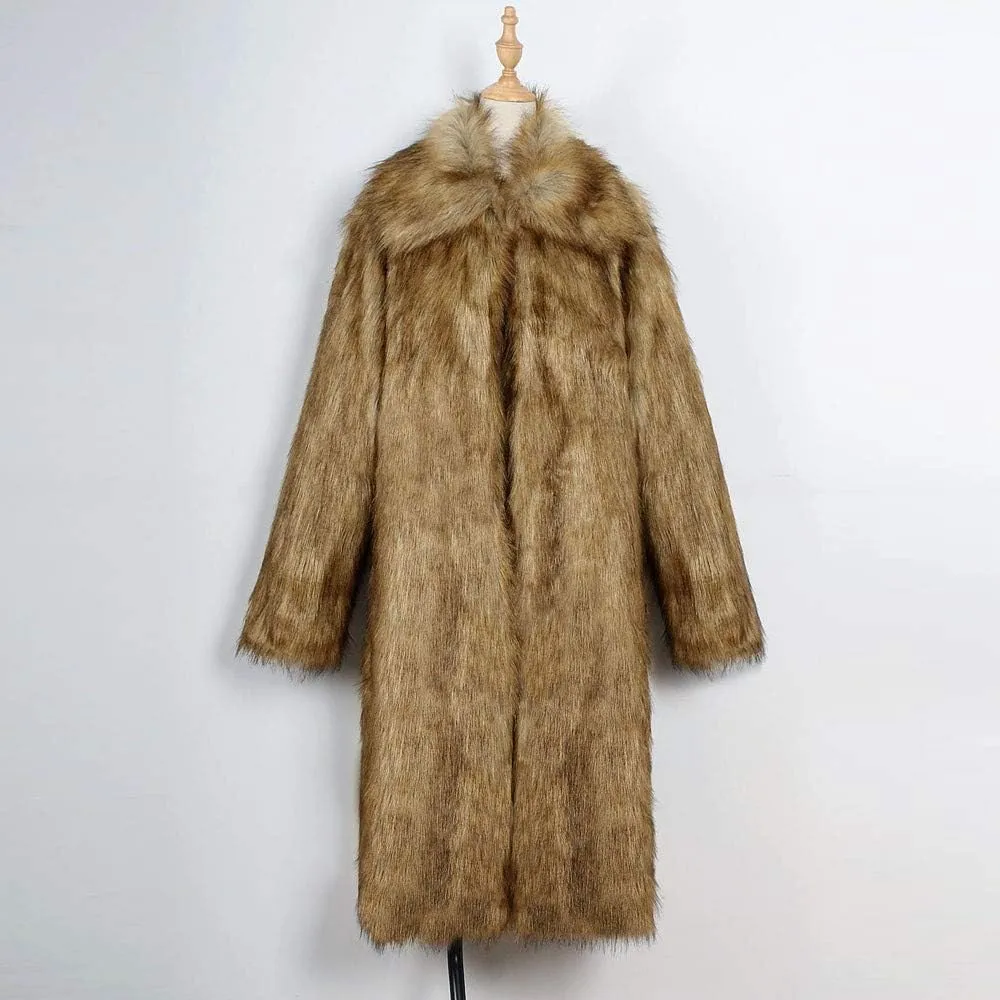Faux Fur Coat Men Lapel Cardigan Outerwear Heavyweight Parka Overcoat Thicker Fluffy Warm Winter Long Trench Coat