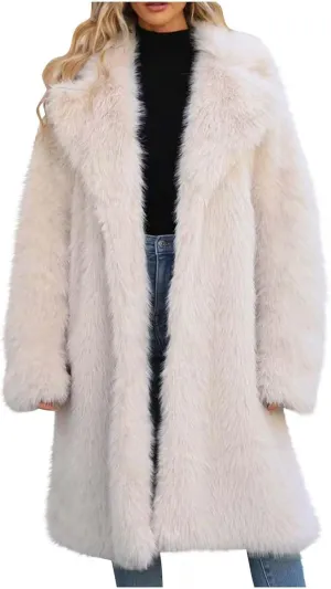 Faux Fur Solid Coats for Women Casual Loose Notch Lapel Fluffy Trench Coats Casual Thicken Warm Long Sleeve Outwear