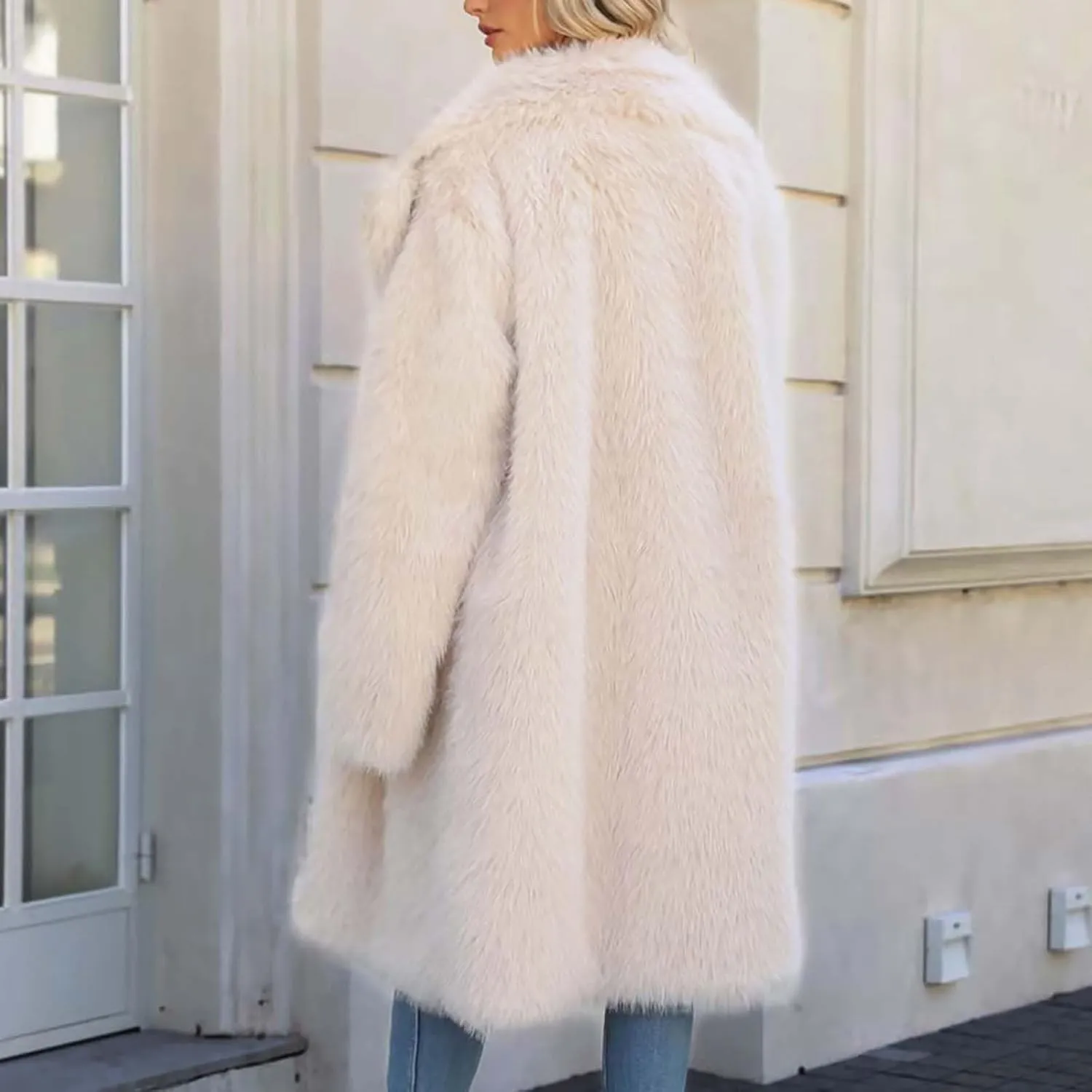 Faux Fur Solid Coats for Women Casual Loose Notch Lapel Fluffy Trench Coats Casual Thicken Warm Long Sleeve Outwear