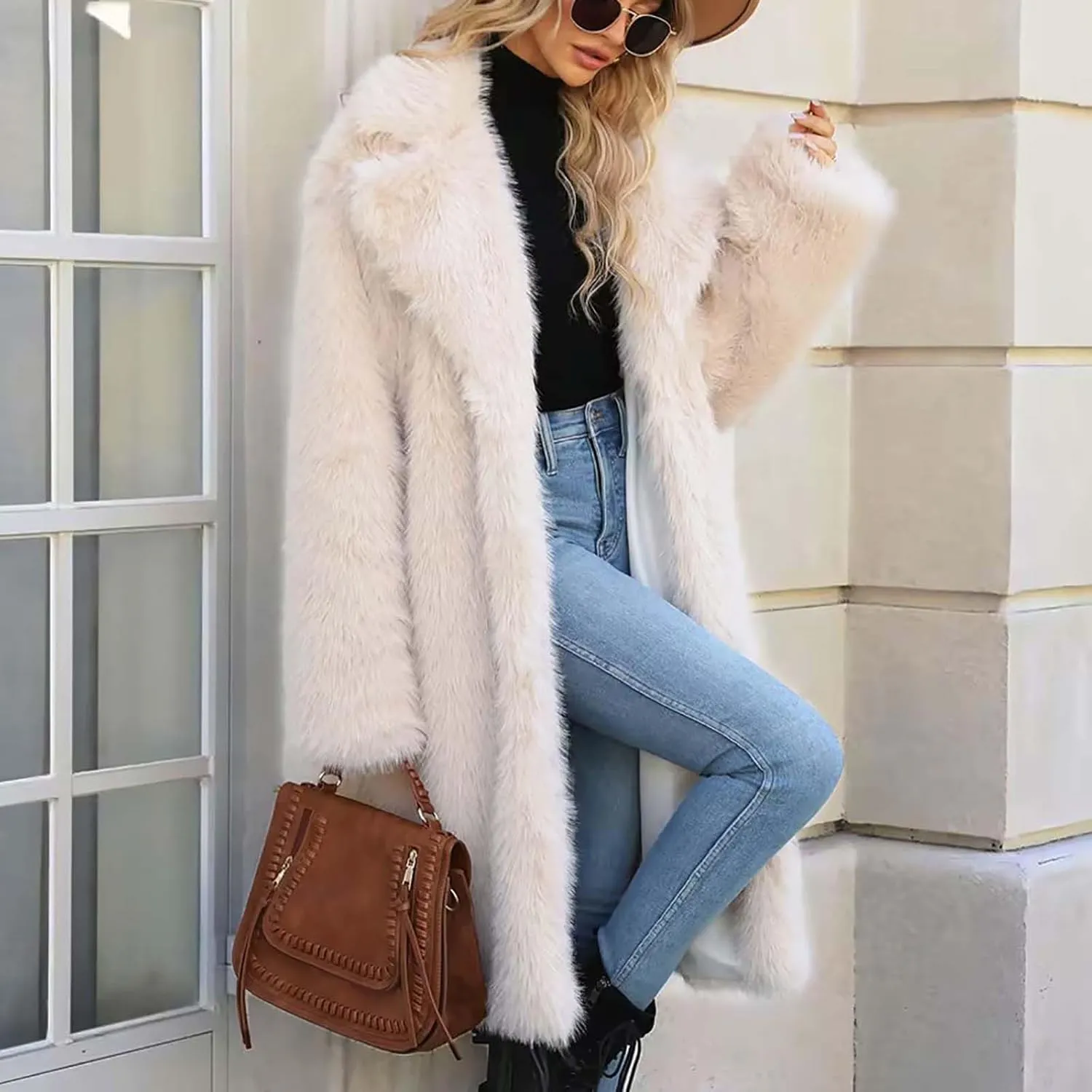 Faux Fur Solid Coats for Women Casual Loose Notch Lapel Fluffy Trench Coats Casual Thicken Warm Long Sleeve Outwear