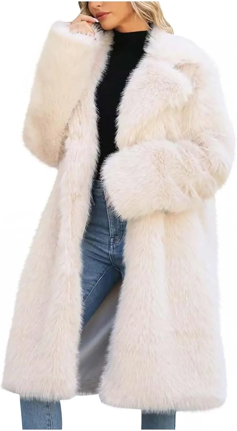 Faux Fur Solid Coats for Women Casual Loose Notch Lapel Fluffy Trench Coats Casual Thicken Warm Long Sleeve Outwear