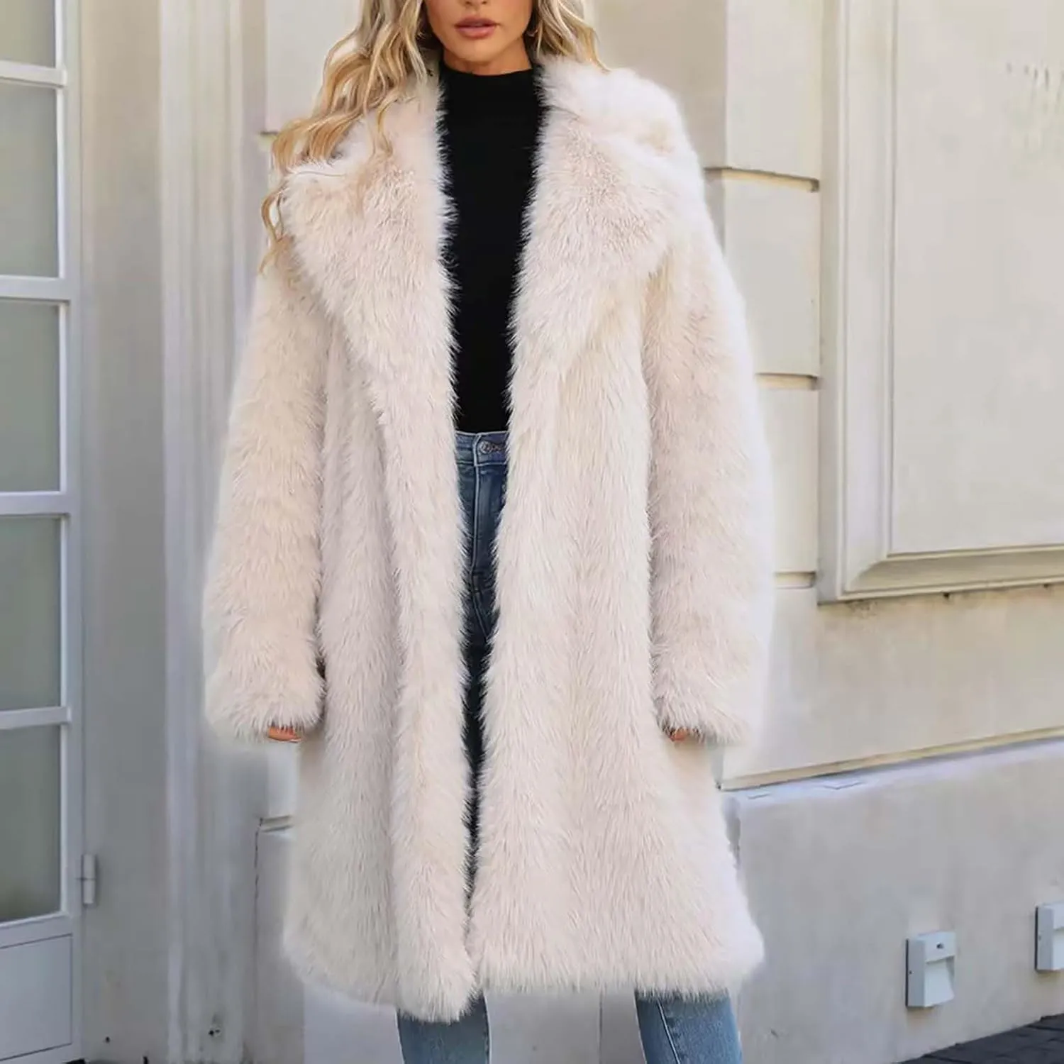 Faux Fur Solid Coats for Women Casual Loose Notch Lapel Fluffy Trench Coats Casual Thicken Warm Long Sleeve Outwear