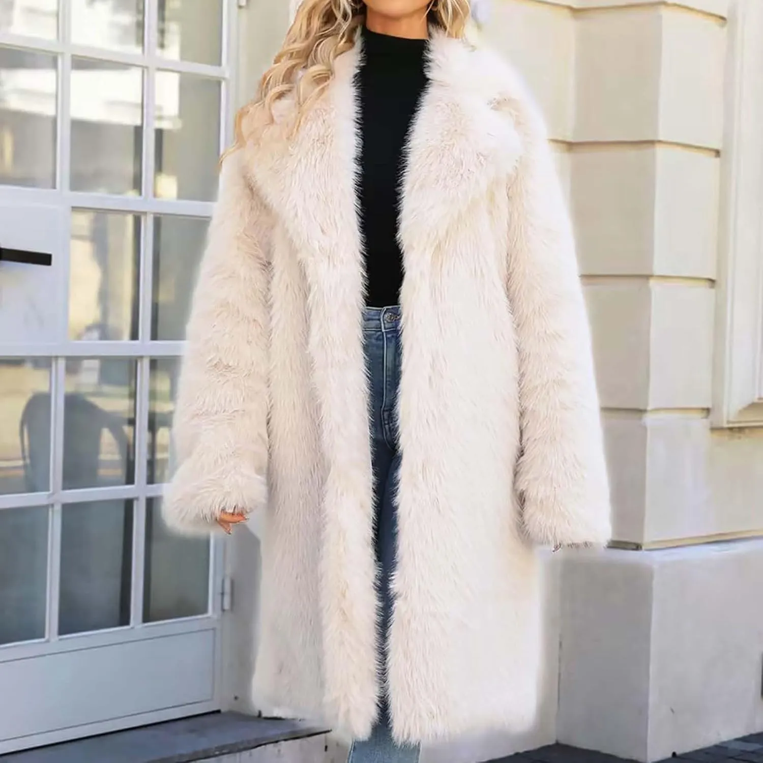 Faux Fur Solid Coats for Women Casual Loose Notch Lapel Fluffy Trench Coats Casual Thicken Warm Long Sleeve Outwear