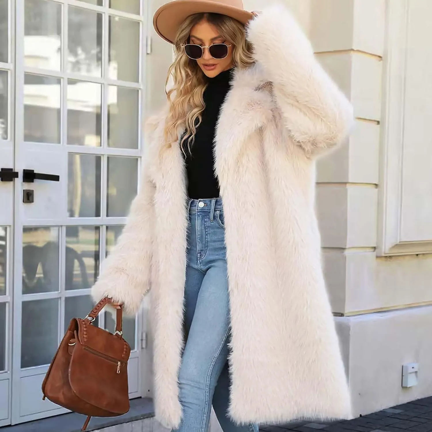 Faux Fur Solid Coats for Women Casual Loose Notch Lapel Fluffy Trench Coats Casual Thicken Warm Long Sleeve Outwear