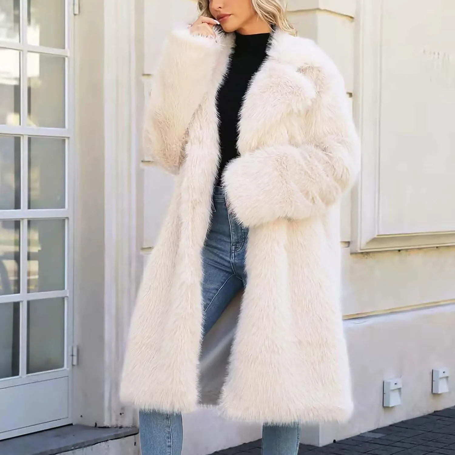 Faux Fur Solid Coats for Women Casual Loose Notch Lapel Fluffy Trench Coats Casual Thicken Warm Long Sleeve Outwear