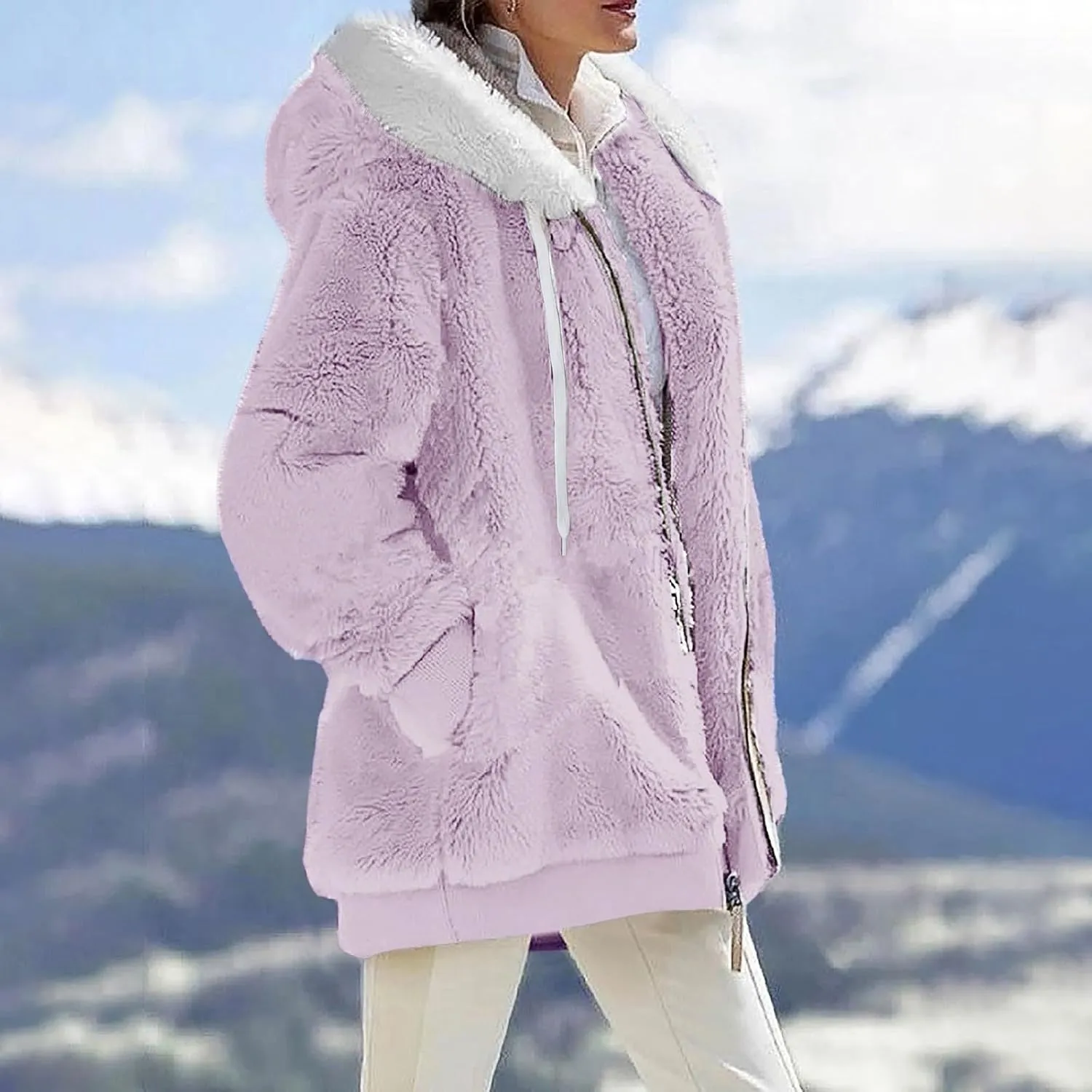 Fleece Jacket Women Sherpa Jacket Zip Up Hooded Oversized Coats Warm Winter Coats for Women 2024 with Pockets