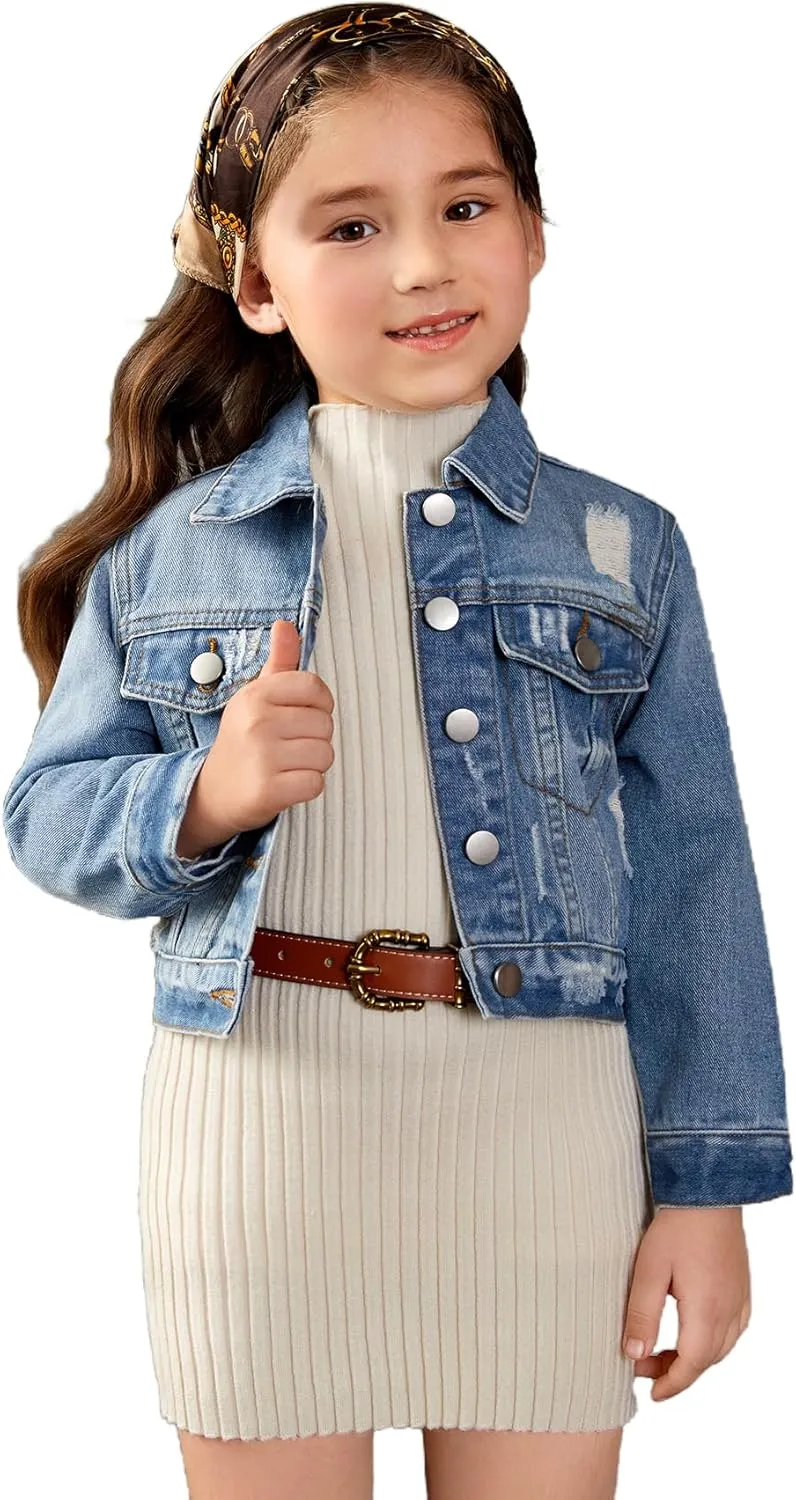 Floerns Girl's Vintage Basic Distressed Long Sleeve Single Breasted Crop Top Denim Jacket