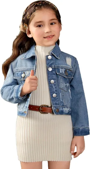 Floerns Girl's Vintage Basic Distressed Long Sleeve Single Breasted Crop Top Denim Jacket