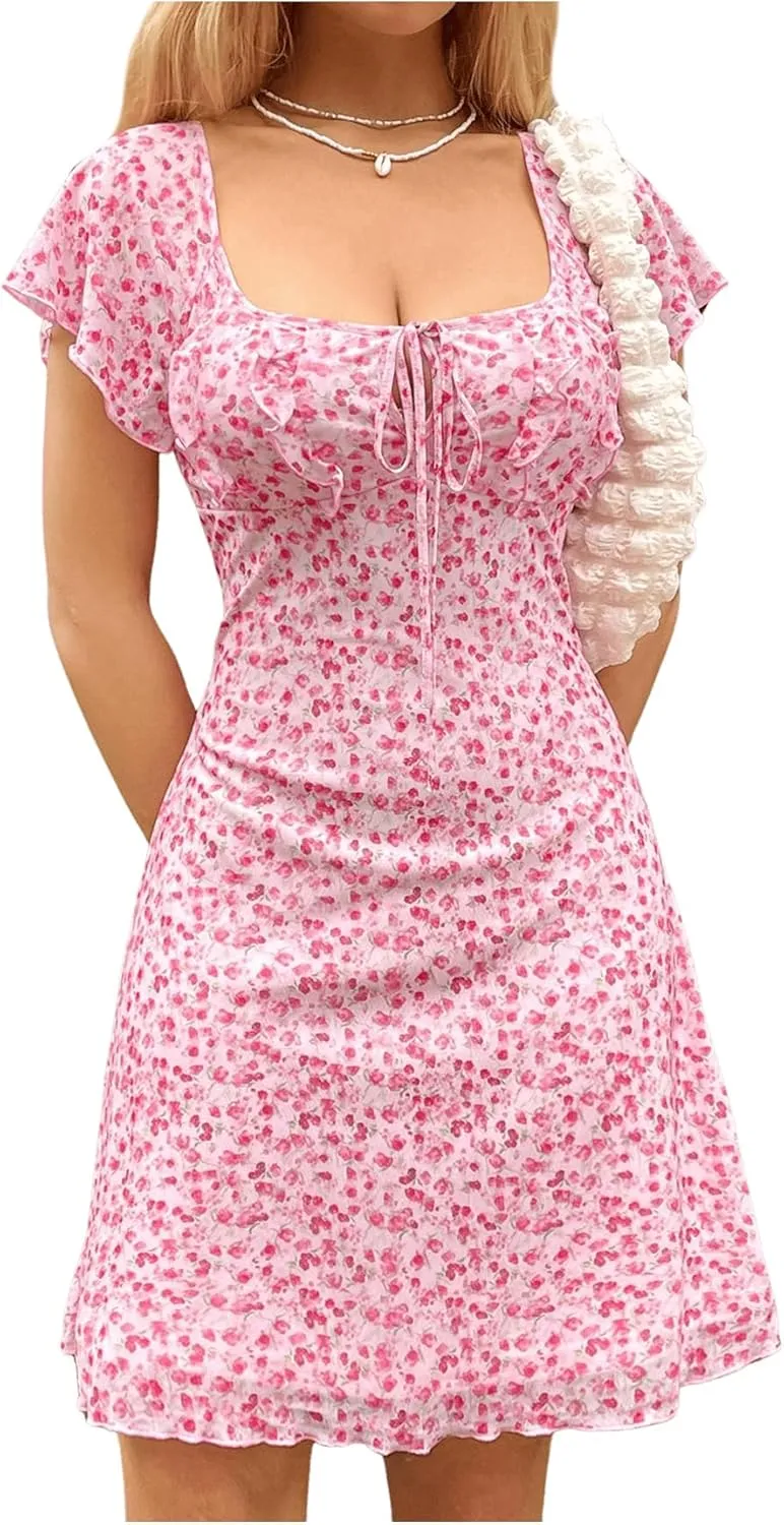 Floerns Women's Floral Print Flounce Sleeve Square Neck Ruffle Trim Boho Short Dress