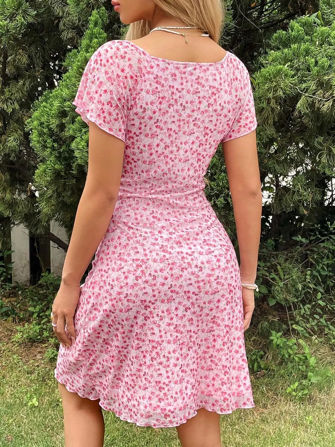 Floerns Women's Floral Print Flounce Sleeve Square Neck Ruffle Trim Boho Short Dress