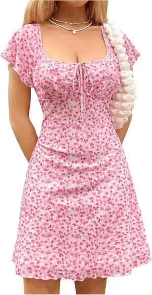 Floerns Women's Floral Print Flounce Sleeve Square Neck Ruffle Trim Boho Short Dress
